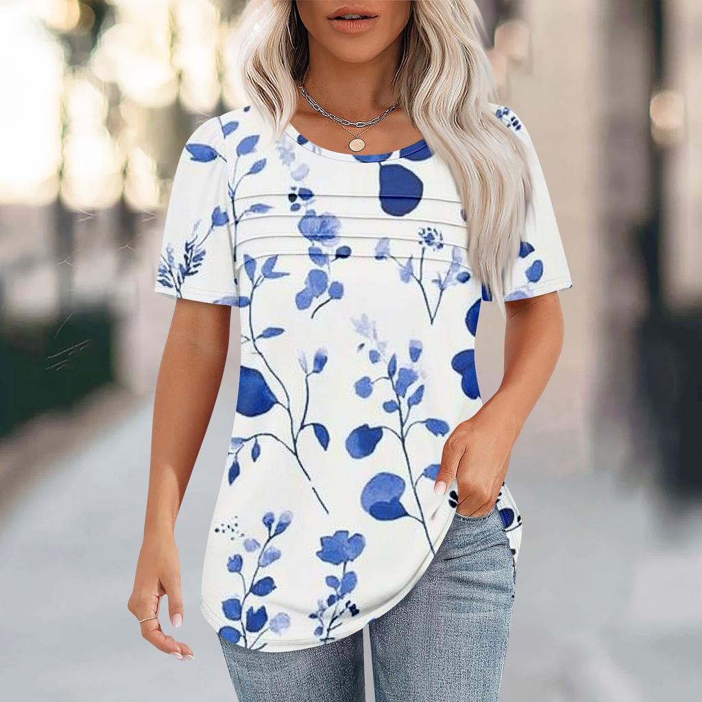Women's Pleated Round Neck Botanical Print Short Sleeve T-Shirt Top