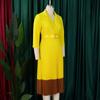 Women Elegant Color Block Turn Down Collar High Waist Pleated Office A Line Dress