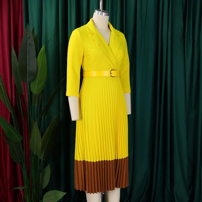 Women Elegant Color Block Turn Down Collar High Waist Pleated Office A Line Dress
