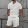 European Size Waffle Pattern Trendy Lapel POLO Men's Set - Short Sleeve & Shorts Casual Sportswear