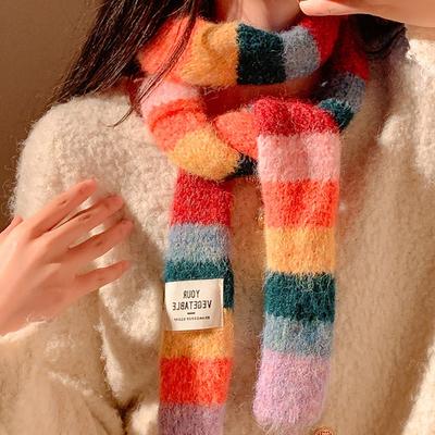 7*180cm Y2K Styles Rainbow Color Winter Warm Knitted Small Scarf Women Scarves Shawls Lady Soft Wraps Neckerchief Hair Band