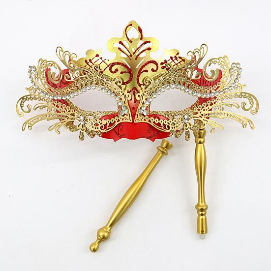 Ausgefallene Partymaske aus Metall mit Handstab, venezianische Halbmaske mit Strasssteinen für Damen und Herren, Abschlussball, Karneval, Maskerade
