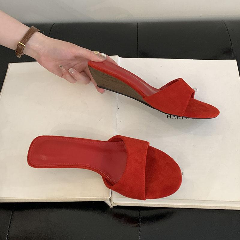 Fashion Luxury Fashion Flock Women Wedges Slippers Female Slides Sandals Shoes Round Toe Footwear Ladies Heeled Slippers Wedges Shoes