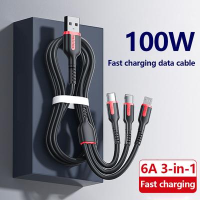 100W Super Fast Charging Three In One Data Cable Suitable for Apple Type-C Android Phone Charging Cable 6A One To Three