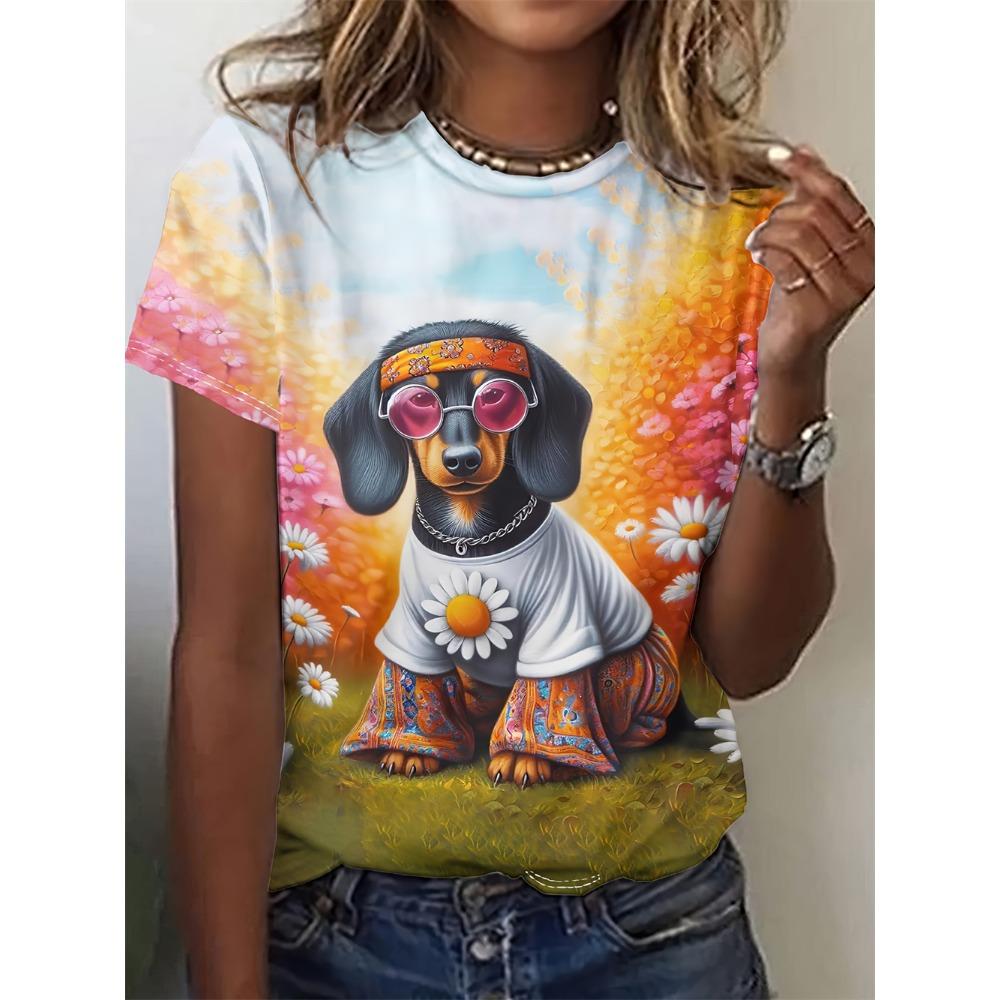Cute Cat Dog Women's T-Shirts 3d Animal Print Daily Tshirt Funny Casual Ladies Short Sleeve O Neck Female Clothing Top