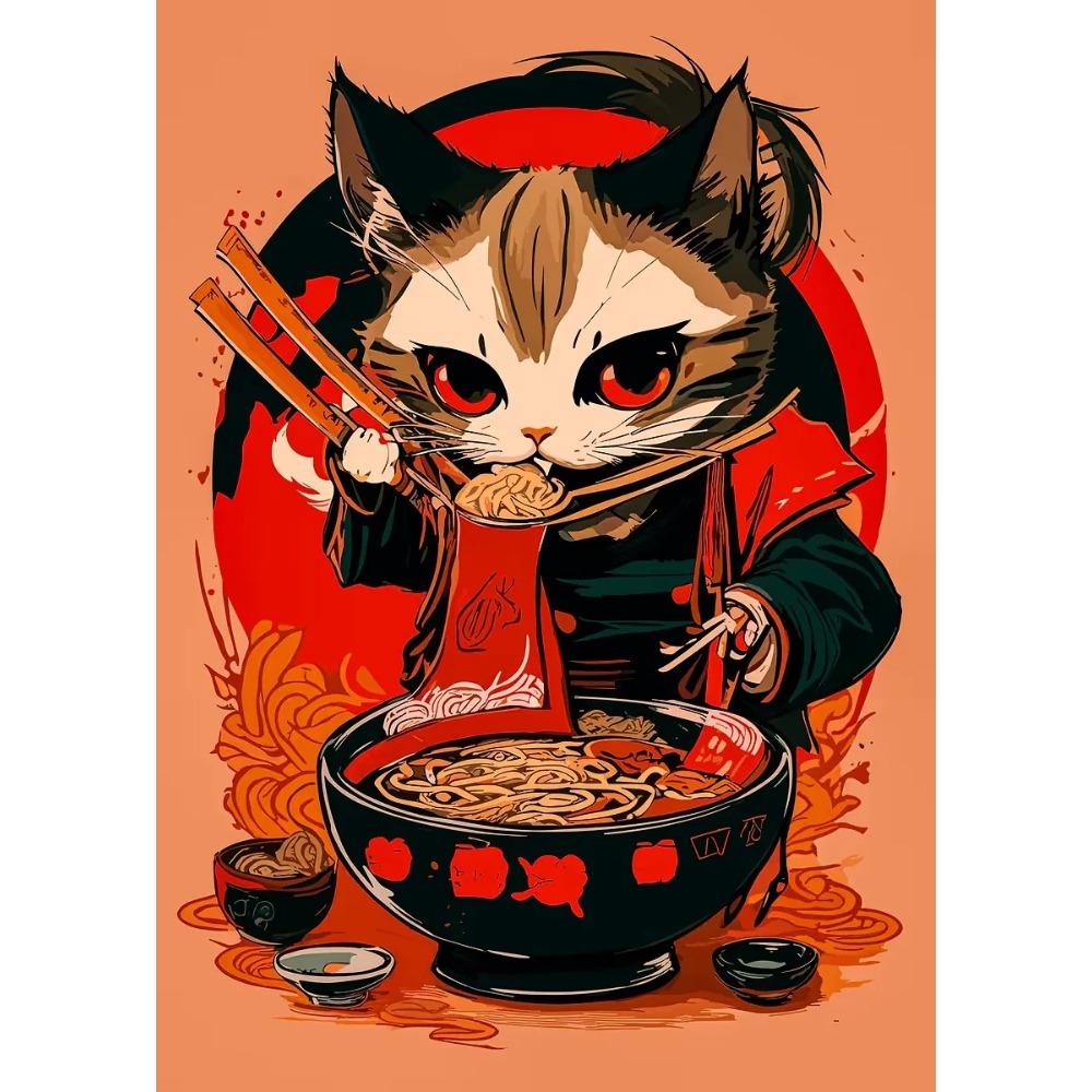 Japanese Cat Eating Noodles Canvas Poster Cat Coffee Bonjour Mon Amour Kitchen Wall Art Prints for Modern Living Room Home Decor