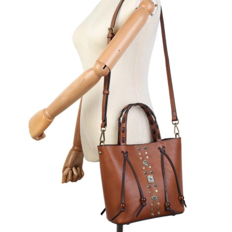 Johnature Cowhide Woven Handbag Genuine Leather Women's Bag Retro Rivet Large Capacity Shoulder Bags