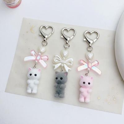 Heart Shape Keyring Flocked Cat Pendant Keychain with Bowknot Decor Heart Shape Fashionable Hanging Ornament for Wallet Backpack