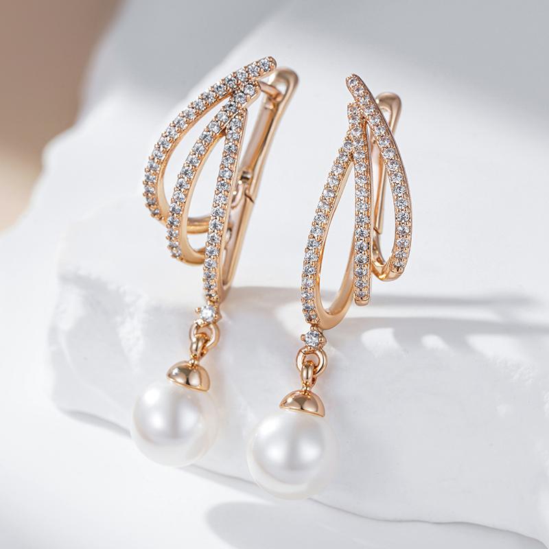 Unique Geometric Rose Gold Pearl Long Drop Earrings For Women Shiny Natural Zircon Accessories Bridal Wedding Jewelry