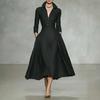 Rochie Casual Midi Elegantă pentru Femei, cu Talie Strânsă, Guler Rever și Mâneci Lungi