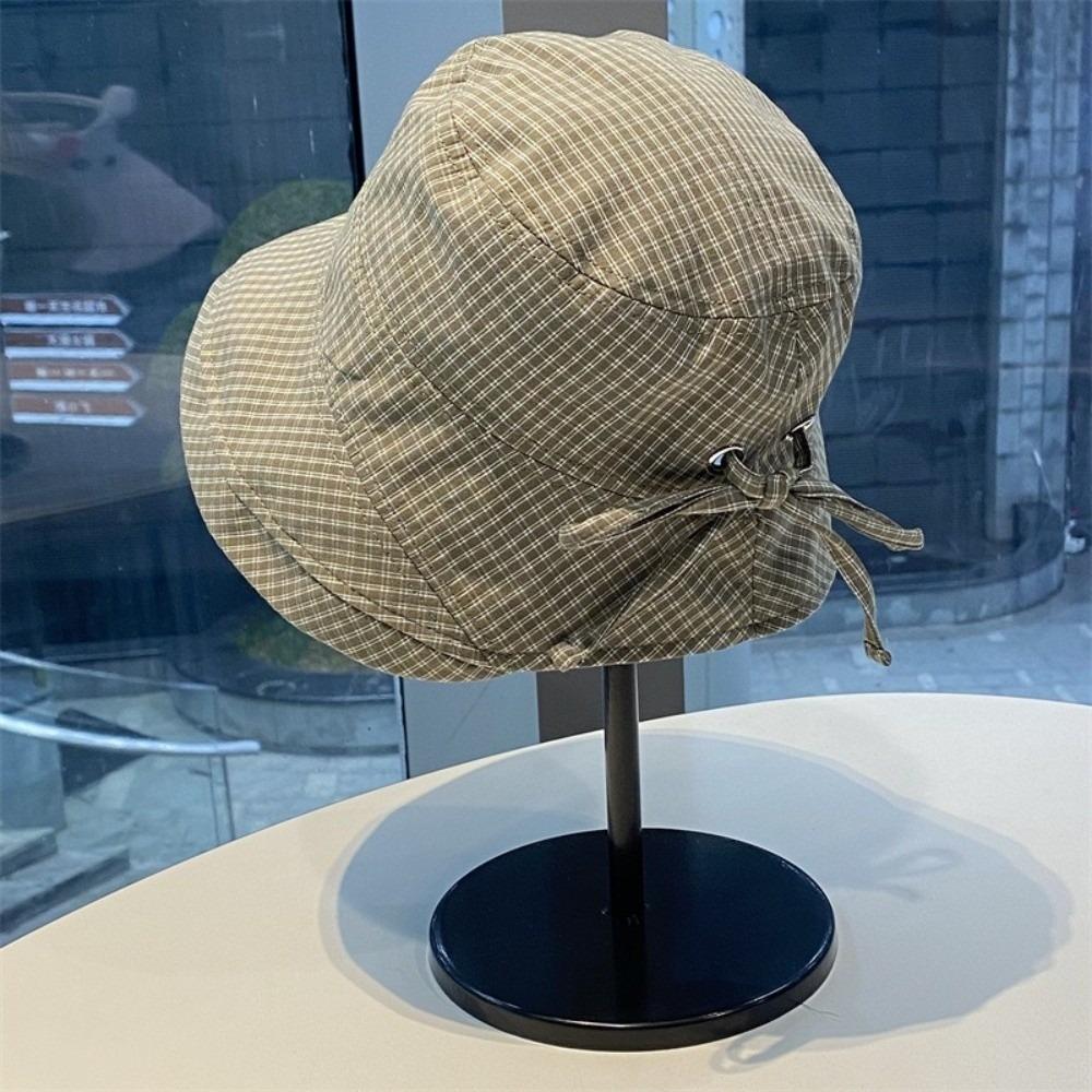 Fashion Summer Plaid Bucket Cap Curled Bow Plaid Sun Hat Foldable Quick-dry Fisherman Caps Outdoor