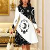 Women Long Sleeve Round Neck Midi Dress Retro Floral Vine Leaf Print Flared Casual Dress
