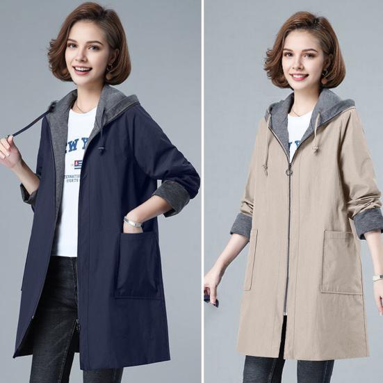 Spring Fall Women Jacket Hooded Long Sleeves Drawstring Plus Size Pockets Zipper Closure Windbreaker Mid Length Solid Color Big Pockets Windproof Warm