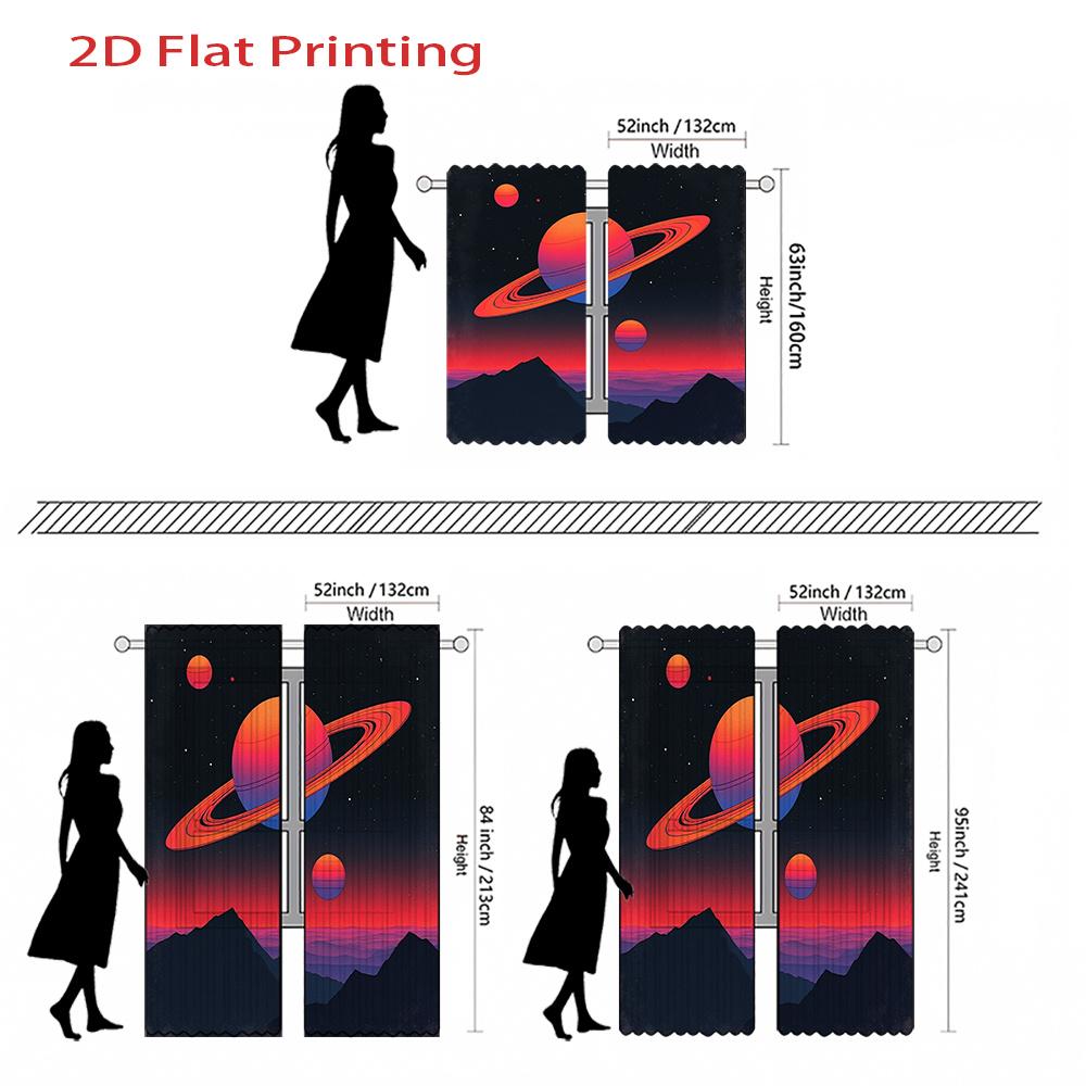 Flache Druckvorhänge Retro Weltraumthema Saturn Planet Bergmuster Buntes Vorhang-Set aus 2 Stück Polyester mit Stangentasche Waschbar