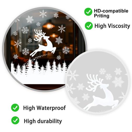 Christmas Window Clings White Elk Clings, Snowy Xmas Tree Windows Stickers, Shop Display Winter Forest Trees Decorations for Party Home Office