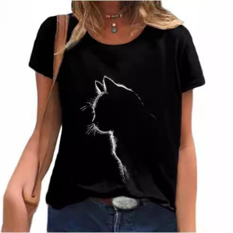 Tricou cu mânecă scurtă pentru femei de vară Cute Cat imprimat 3D lejer casual cu gât rotund Îmbrăcăminte pentru femei Tricouri pentru femei
