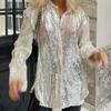 2023 Women's Sparkle Sequin Tops Shimmer Glitter Loose Party Shirt Button Down V Neck Blouse Clubwear Y2K Streetweatr