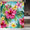 Boho Floral Shower Curtain, Hawaii Tropical Leaves Flower Bath Curtain Botanical Nature Summer Bathroom Decor Curtain with Hooks