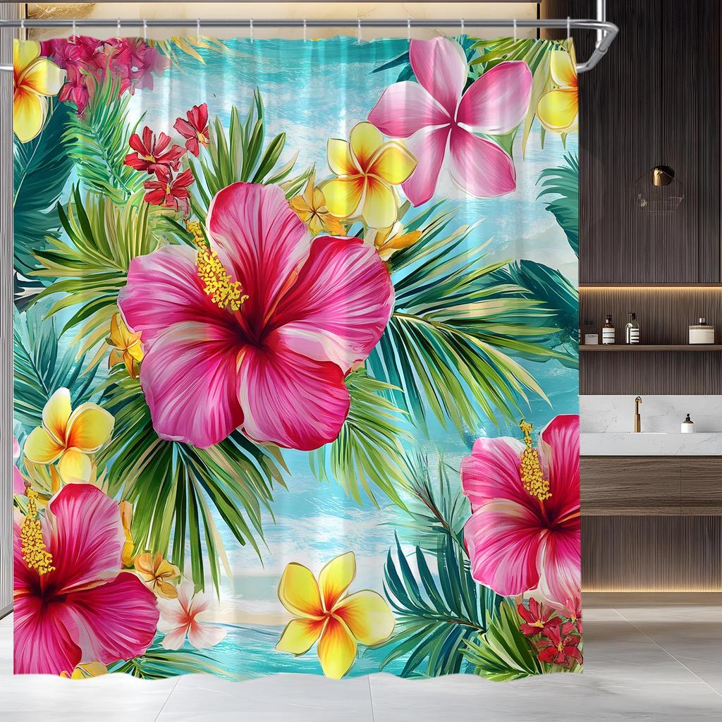 Boho Floral Shower Curtain, Hawaii Tropical Leaves Flower Bath Curtain Botanical Nature Summer Bathroom Decor Curtain with Hooks