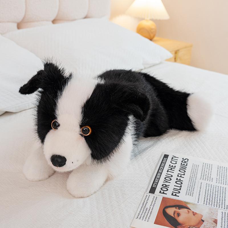 Realistic Border Collie Plush Toy Doll Lying Pose Black White Gray Soft Fluffy Stuffed Animal Birthday Gift Dog Lover