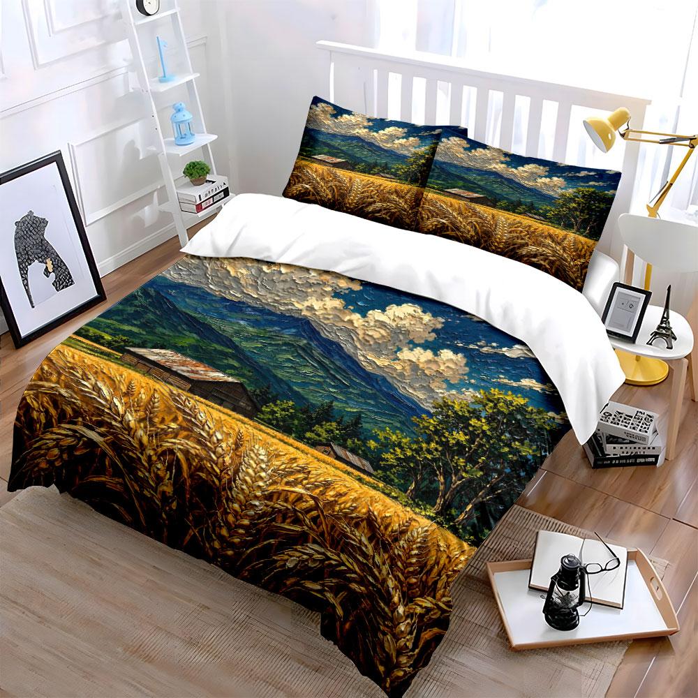 Mountain landscape golden wheat. Bedding sets Duvet cover sets Duvet covers Pillowcases(1 * Duvet Cover 2 * Pillowcases, without duvet insert)