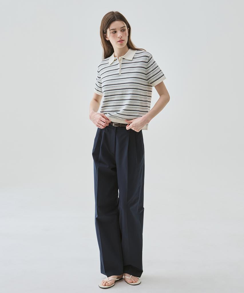 Deuloupisumeon Cotton Striped Short Sleeve Collared Knit [Beige]