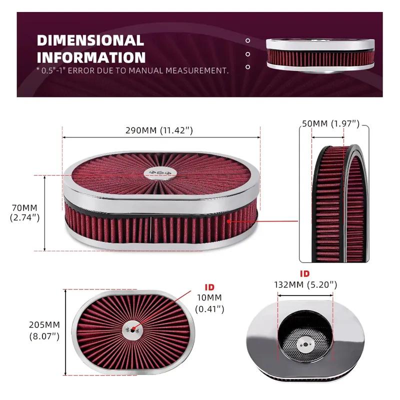 High Flow Chrome 12"x2" Oval Air Cleaner Filter Assembly 5-1/8" Carb Neck W/ Flow-Thru Lid for GMC Chevy Ford Chryler Dodge
