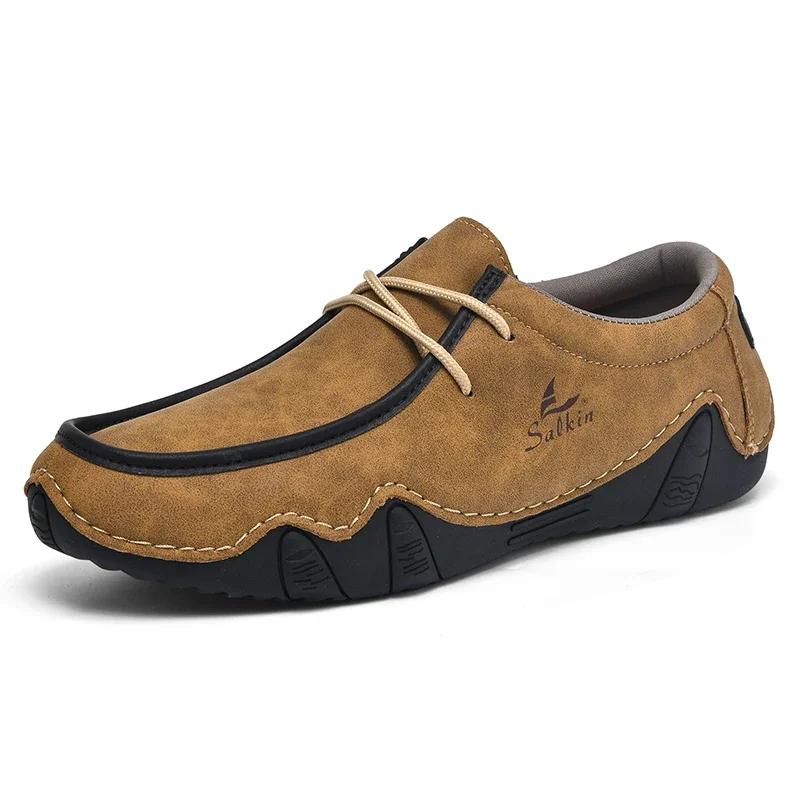 Autumn Men's Leather Casual Shoes New Spring Fashion Man Loafers Outdoor Breathable Lace-up Low-top Flat Driving Shoes 48