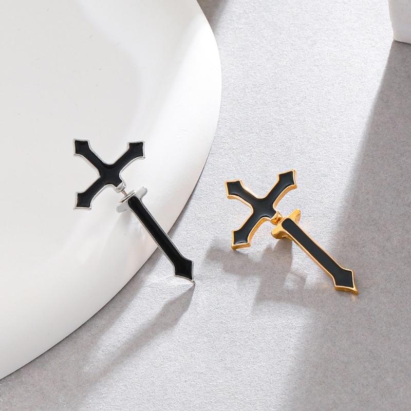 Gothic Emamel Cross Earrings for Women Vintage Cool Punk Christian Ear Jacket Dagger Pierced Stud Earring Jewelry Gift