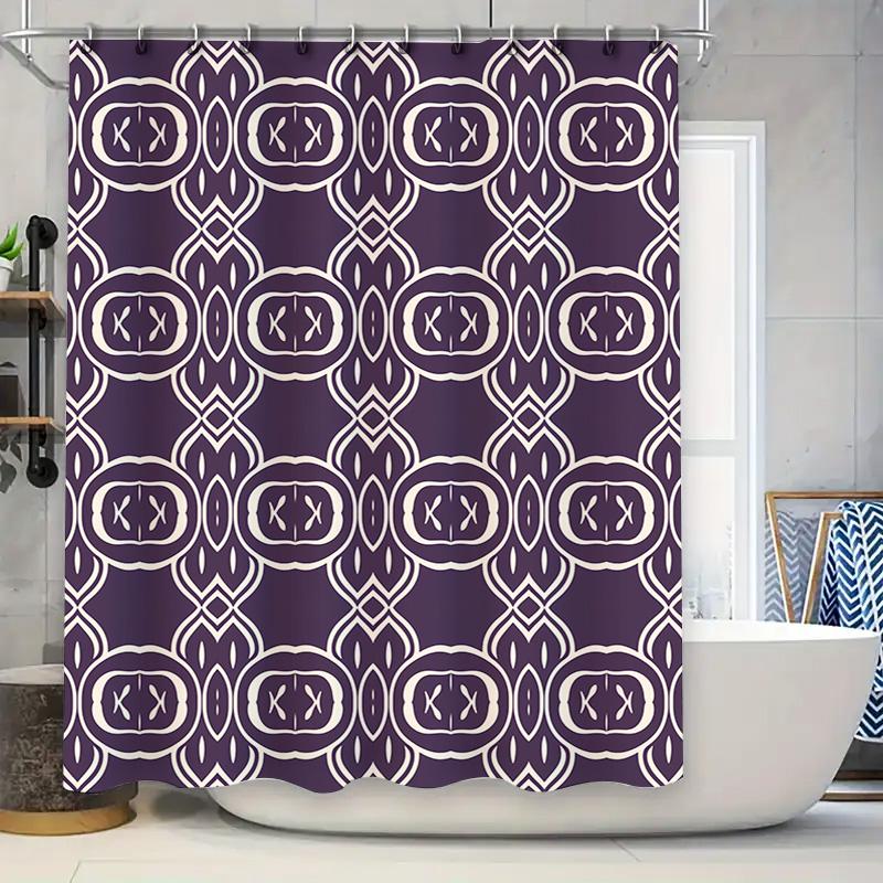 Purple White Geometric Shower Curtain Waterproof Bath Mat Decorative Bathroom Liner Home Decoration Size 69x72 inches (175x183cm