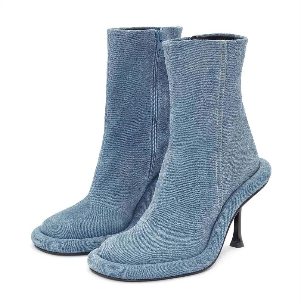 Nueva Moda Tacón de Aguja Retro Marca Europea y Americana Cremallera Lateral Botines Cortos de Mezclilla Zapatos de Plataforma Zapatos Para Mujer