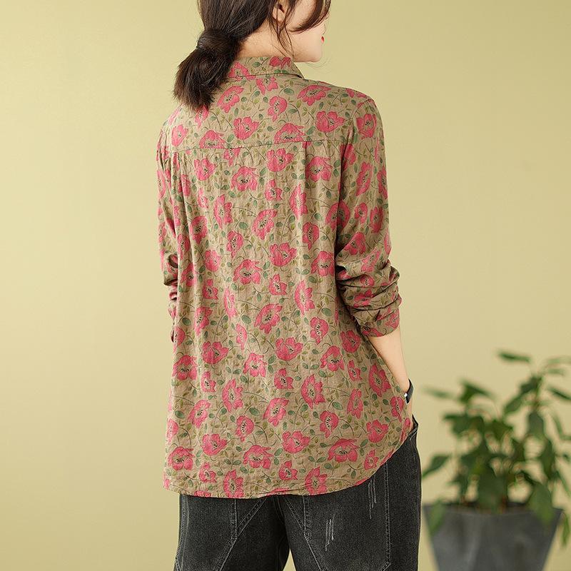 1116 early autumn new literary and retro printing cotton and linen long-sleeved shirt women's autumn loose mother shirt