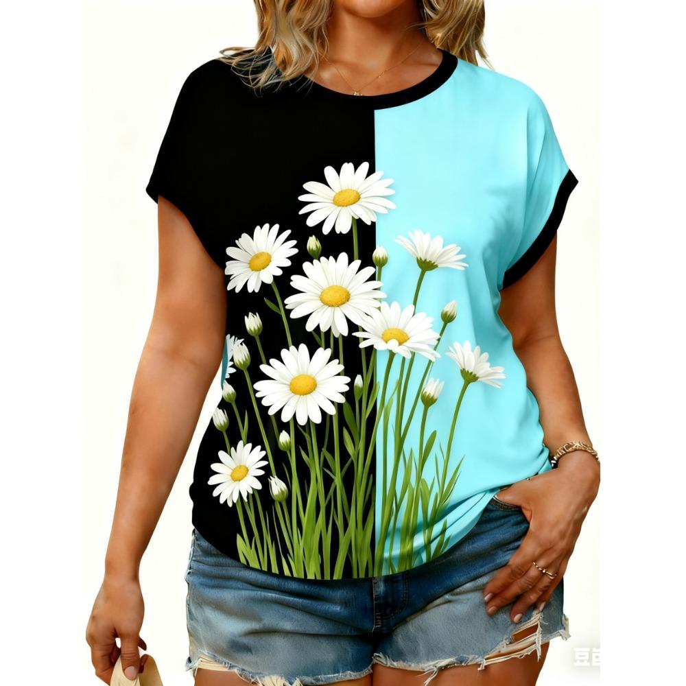 XL-7XL Übergröße Damen T-Shirts Damen O-Ausschnitt Mode Blume Patchwork Farbe Bedrucktes Top Kurzarm T-Shirt