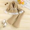 Autumn Winter New Girls Long Sleeve Long Pants + White Belt Top with White Lace Trim Suit Two-Piece Set