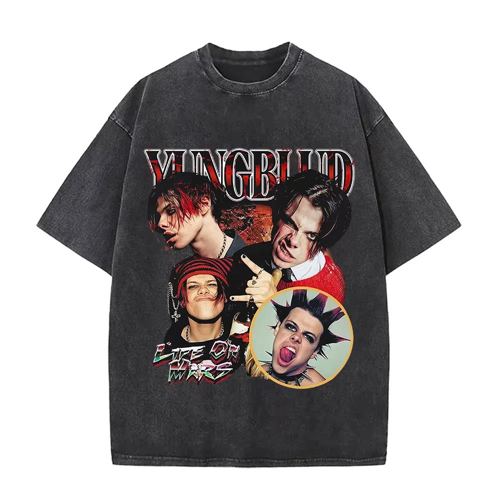 Vintage Washed Yungblud IDOLS The World Tour T Shirts Mens Women Hip Hop High Quality Gothic Oversized Tshirts Streetwear