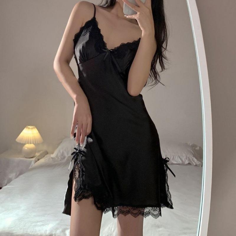 Lace Trim Ice Silk Suspender Pajamas for Women - Sexy & Cool Summer Nightdress