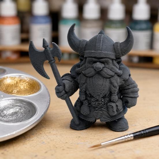 Viking Dwarf Warrior Statue, 3D Printed Barbarian Figurine, Horned Helmet Desk Decor for Home Office, Collectible Gift
