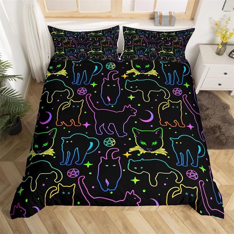 Boho Colorful Cat Duvet Cover Set Cats Star Mushroom Bedding Set Microfiber 3D Kawaii Animals Comforter Cover Twin For Kids Boys