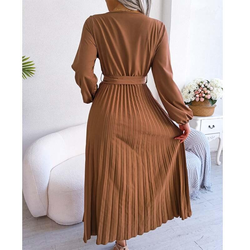 Elegant V Neck Long Sleeve Pleated Long Dress Women Autumn Office-lady Long Sleeve Loose Lace-up Dresses Fashion Clothes 29237