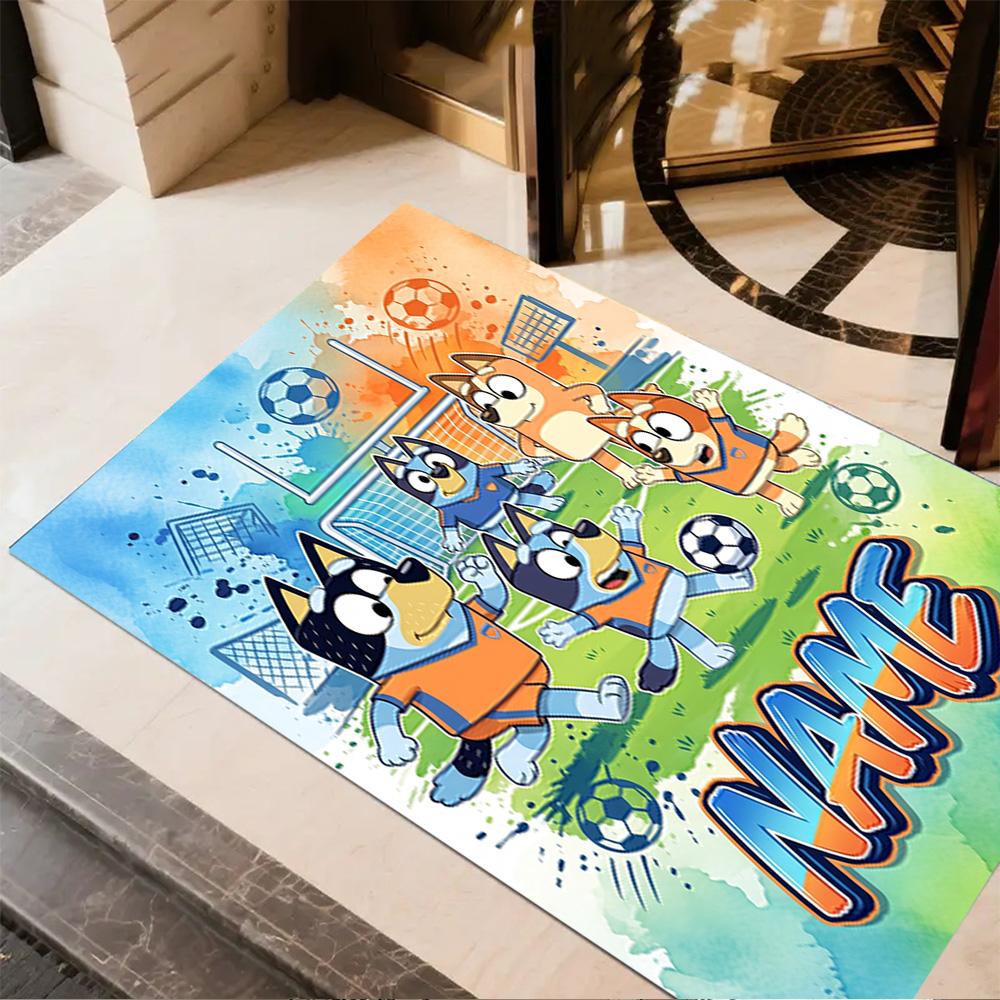 Bluey Soccer Fun Personalized Name Area Rug Design for Dining Room Balcony Dormitory Decorate Room Anti-slip Rug Anime Office Decor Best for Christmas