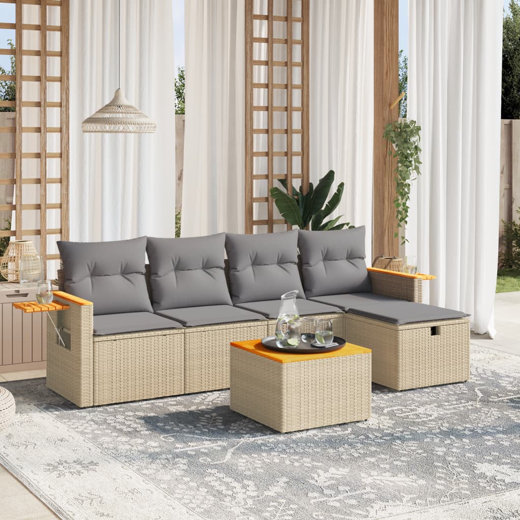 6 Piece Garden Sofa Set with Cushions Beige Poly Rattan