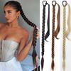 Synthetic High Temperature Fiber Braided Ponytail Extensions Long Black Rubber Band Hairpiece Pony Tail with Hair Tie for Women
