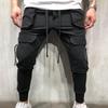 Multi Pockets Elastic Waist Training Trousers Ribbed Ankle Solid Color Drawstring Men Cargo Pants Workwear