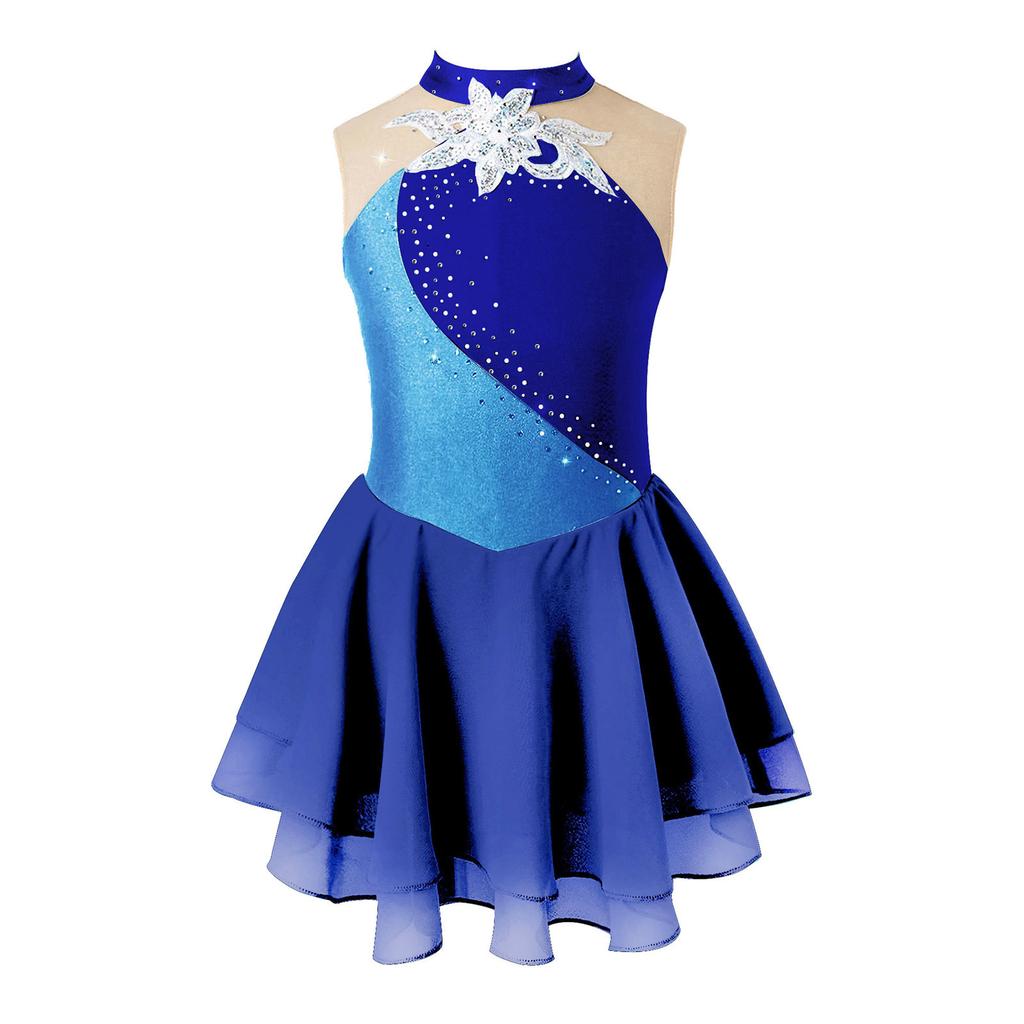 Girls Sleeveless Round Collar Shiny Rhinestone Sequins Floral Patchwork Skating Dance Dress
