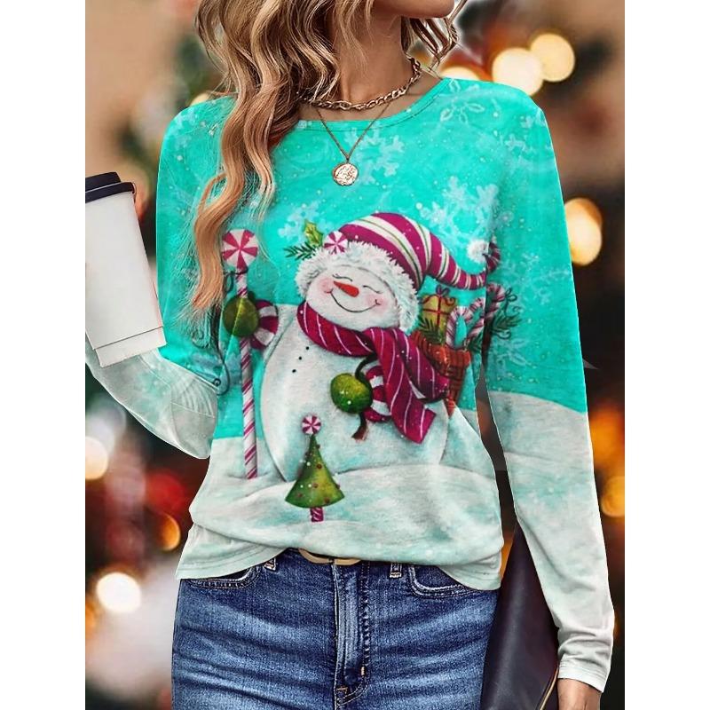 Spring and Autumn Round Neck Christmas Theme 3D Printed Top Fashionable Casual Long Sleeved Women's T-shirts
