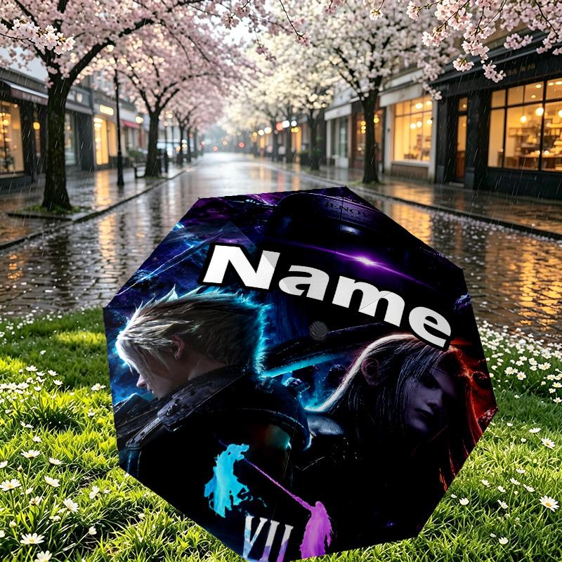 Custom Name Personalized Final Fantasy Print Umbrella, Auto Open Close, 8‑Rib Sturdy Frame, Commute Camping Hiking Use, Birthday Gift
