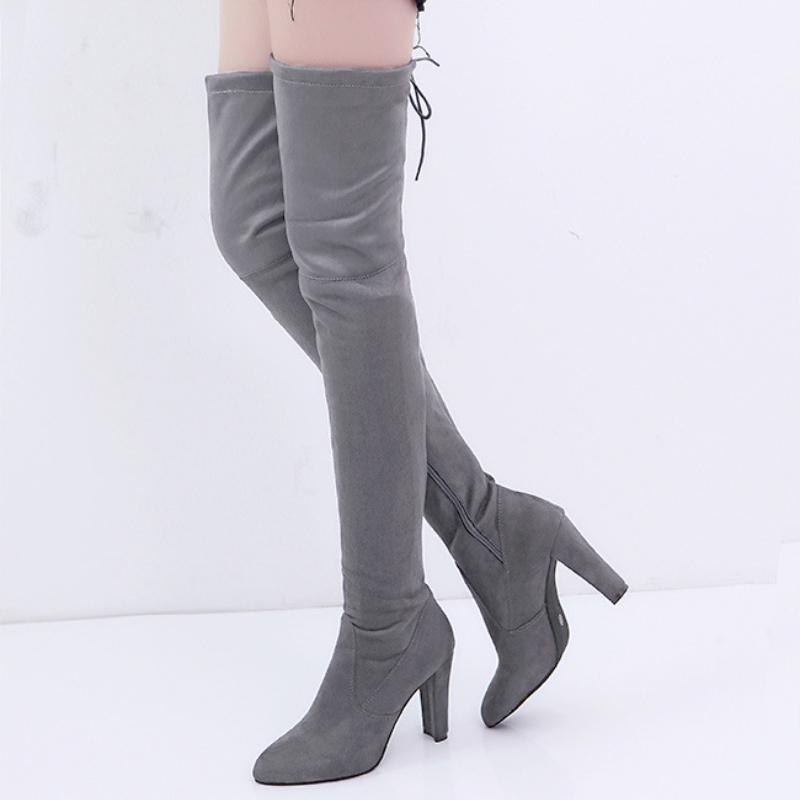 Winter Over The Knee Women Boots Stretch Fabrics High Heel Slip On Shoes Pointed Toe Woman Long Boots Size Plus Size 35-43