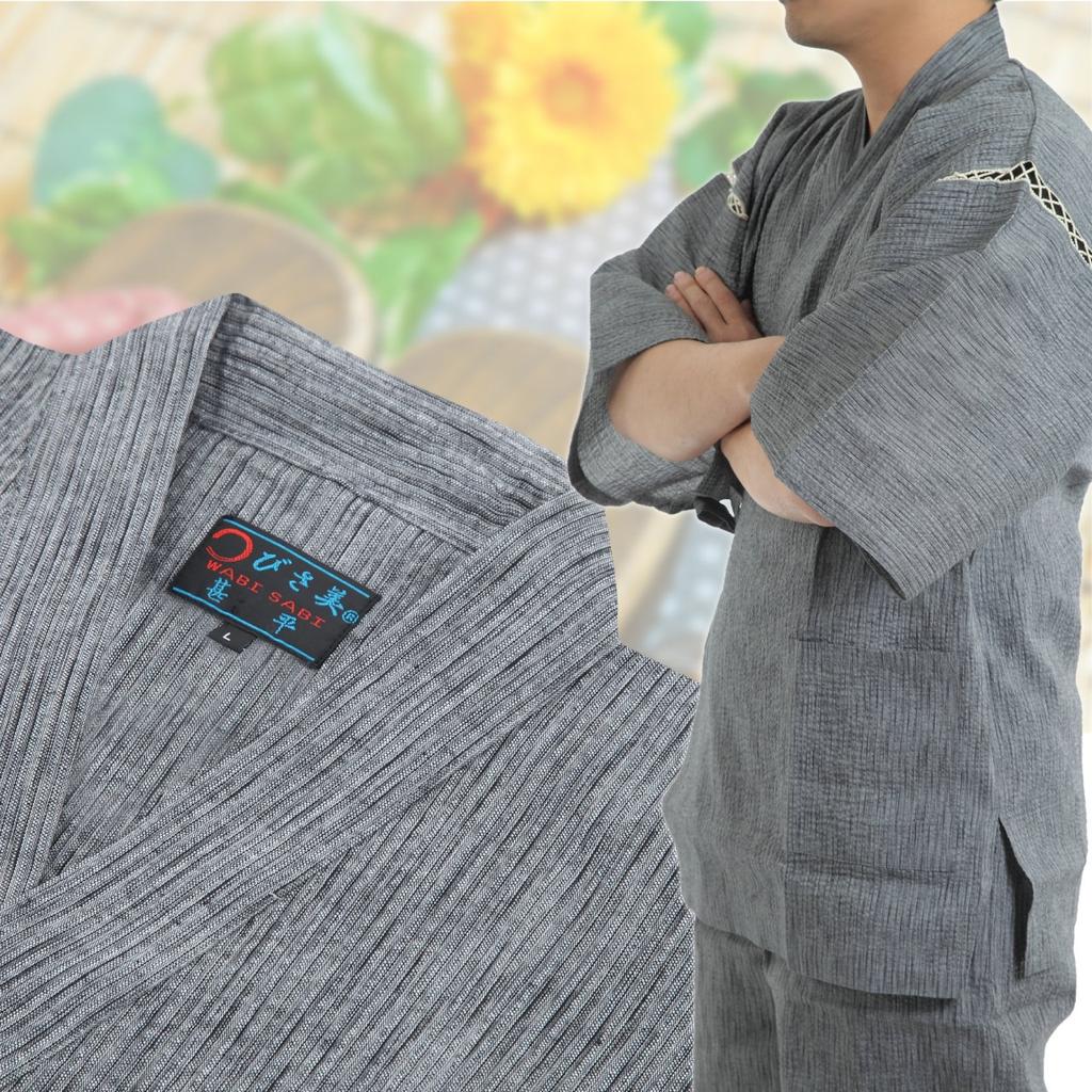 Edoten Men's Shijira-woven Jinbei, Cool Summer Wear, 100% Cotton, Original Printed Retro Goldfish Pattern, Light Gray, Size M