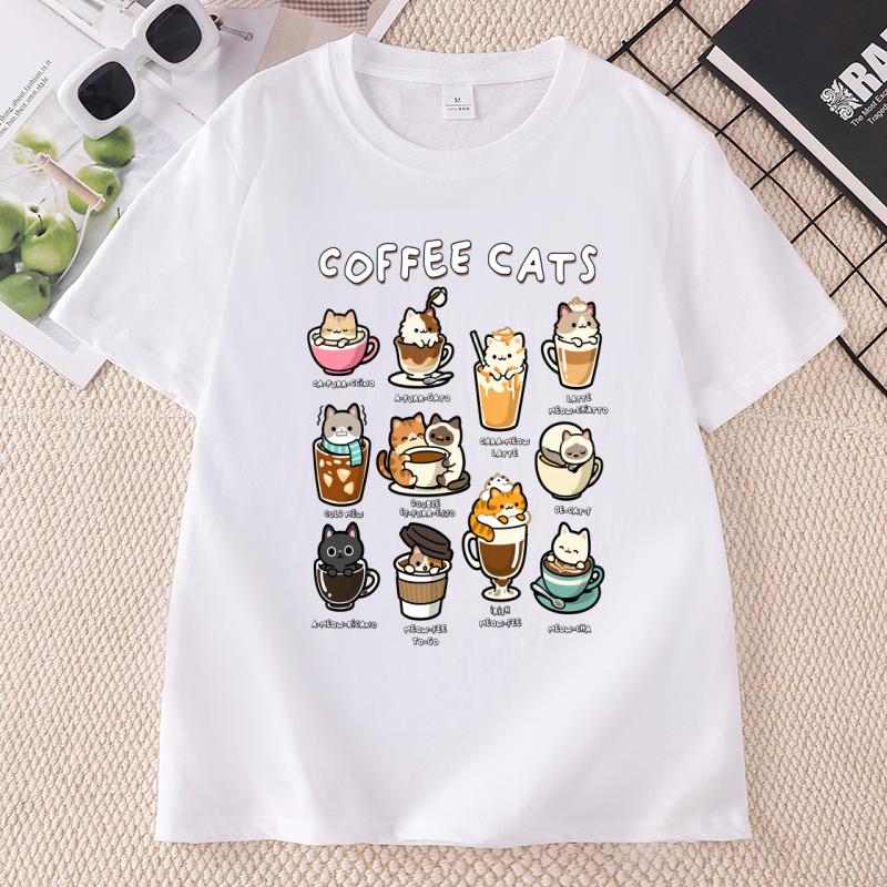 Funny Coffee Cat Cotton Short Sleeve Round Neck Printed Tshirts Unisex Unisex Streetwear Cat Lover Tshirt Unisex Clothing