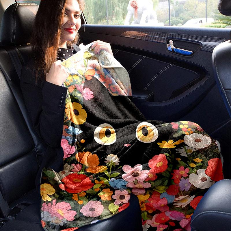 1pc Flowery Black Cat Themed Blanket Seasonal Home Decorative, Living Room, Travel, Camping, Car Blankets